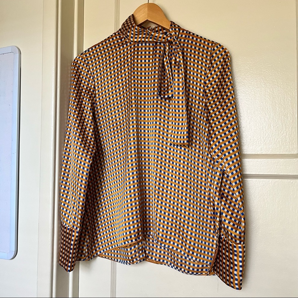Zara Silk Style Geometric Orange Blue Checkered Tie Neck Blouse